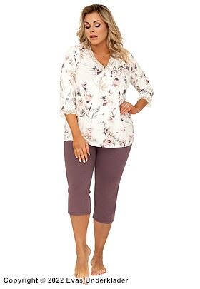 Pyjama mit Oberteil und Hose, Spitzenbesatz, 3/4-lange Ärmel, Blumen, Plus Size